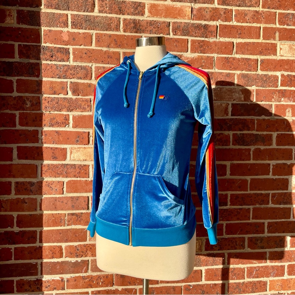 Aviator Nation Turquoise Velvet Full Zip Sweatshirt Hoodie Small Rainbow Stripes - Picture 2 of 13
